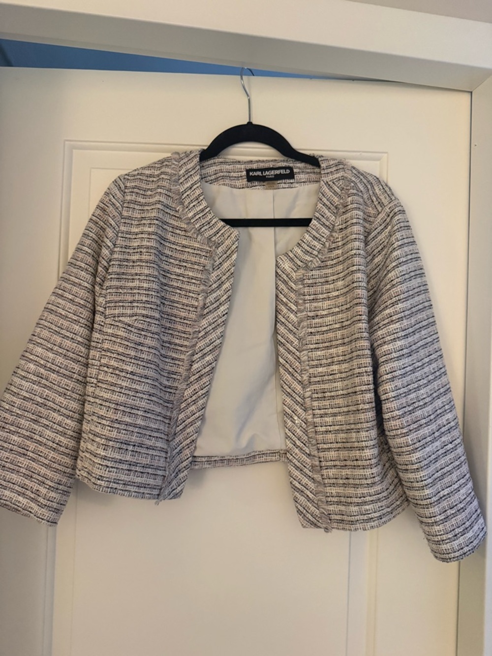 Karl Lagerfeld Cropped Open-Front Tweed Jacket in Ivory and Black